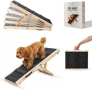 Adjustable Dog Ramp 40.5" Length, 5 Heights 10â€“24 Inches, Foldable Pet Ramp for Bed & Couch, Solid Wood, Non-Slip Carpet, Portable