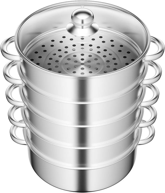 5 Tier Stainless Steel Steamer Pot,28cm Vegetable Steamer with Round Handle,Multipurpose Steam Cookware Steaming Pot for Gas and Electric Stoves