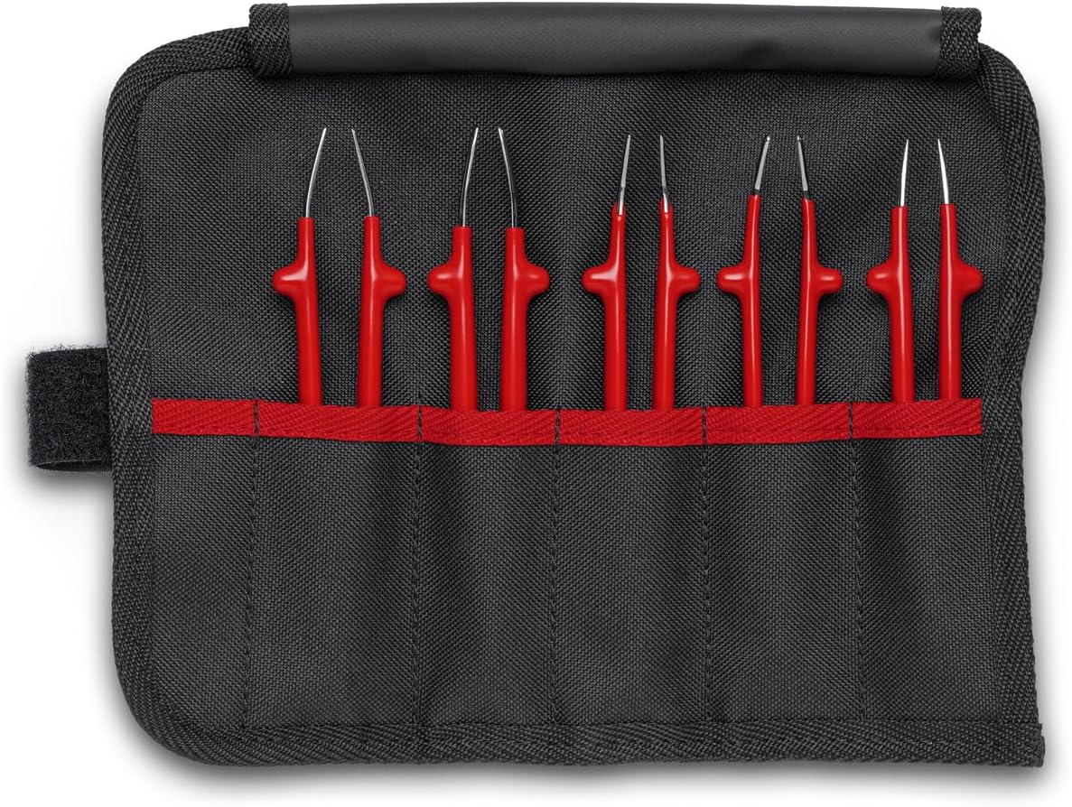 KNIPEX Tools 92 00 04 5 Pc Stainless Steel Tweezer Set in a Tool Roll-1000V Insulated, Silver