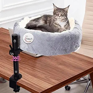 19" Extra Large Cat Desk Bed,One-Button Easy Lift & Rotate,Extra Thick Cushion,Reversible Two-Tone,Super Soft Plush Faux Fur Pet Bed,Machine Washable Bed,desk bed for large cats(Light Grey Duo)