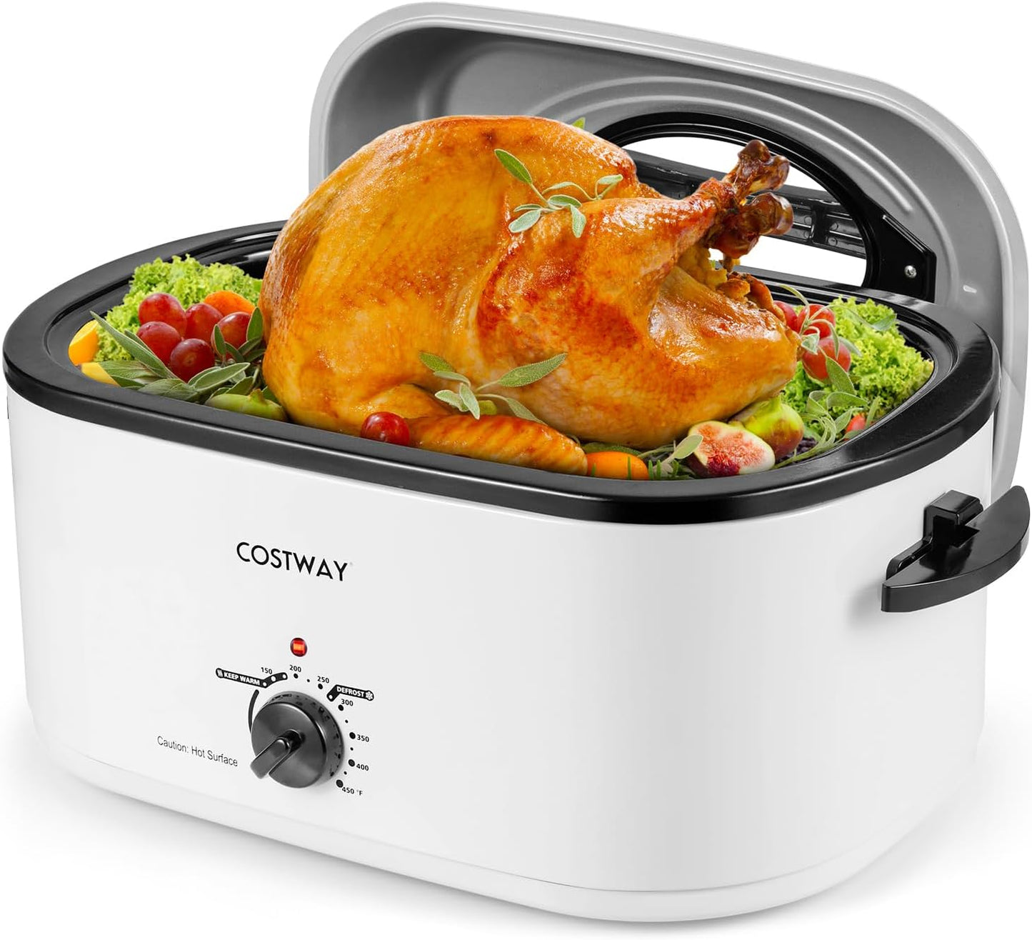 COSTWAY 22 Qt. Electric Turkey Roaster Oven 1450W with Self-Basting Lid, 150-450°F Full-range Temperature Control, Defrost & Warm Function, Removable Pan & Rack, Fits 28-lb Turkey, White