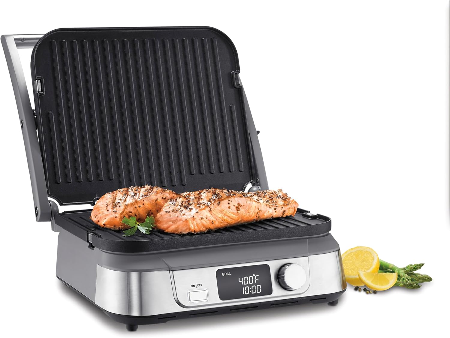 Cuisinart Electric Griddler FIVE Countertop Grill, Enjoy 5-in-1 Functions Including Panini Press, LCD Display, Wide Temperature Range, and Sear Function, Nonstick Plates, GR-5NAS, Stainless Steel