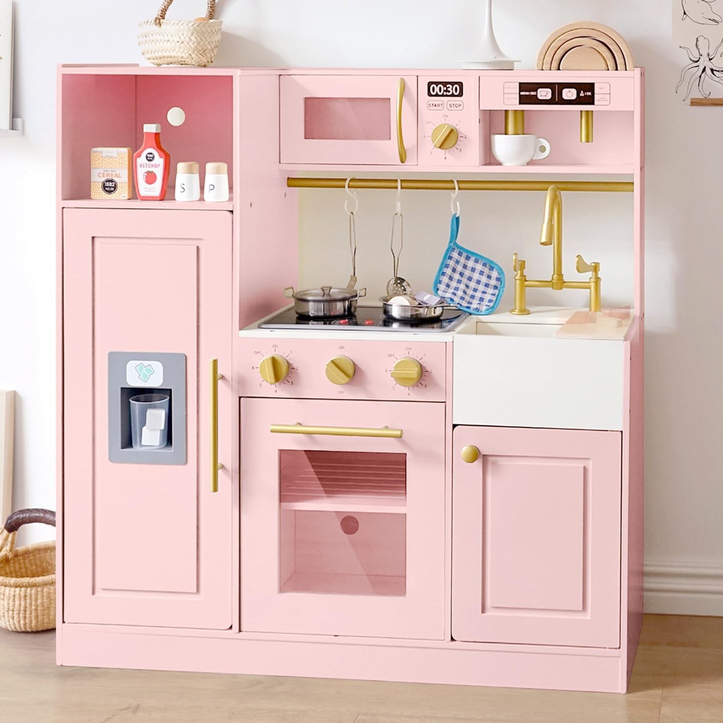 inFUNSAME Kids Wooden Play Kitchen for Girls Pretend Toy Kitchen Playset with Real Lights and Sounds and 14 Pcs Fun Accessories, Toddler Pink Play Kitchen Set for Ages 3+