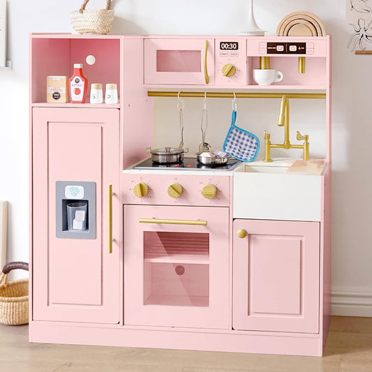 inFUNSAME Kids Wooden Play Kitchen for Girls Pretend Toy Kitchen Playset with Real Lights and Sounds and 14 Pcs Fun Accessories, Toddler Pink Play Kitchen Set for Ages 3+