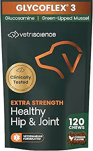 VetriScience Extra Strength Healthy Hip & Joint Chews, GlycoFlex 3, Glucosamine, Green-Lipped Mussel, Joint Support Supplement for Dogs, Promote Mobility & Soothe Joint Discomfort, Chicken, 120 Count