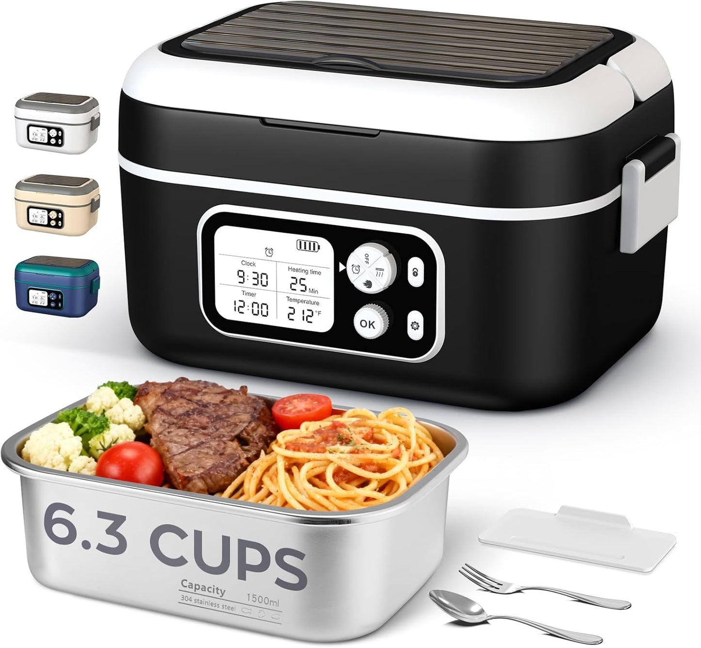 Cordless Heated Lunch Box for Men, 6.3 Cup 100W Electric Lunch Box Food Warmer with 24000mAh Battery for Self Heating, Including Cutlery, Insulated Bag and Divider for Women Adults(Black+White)