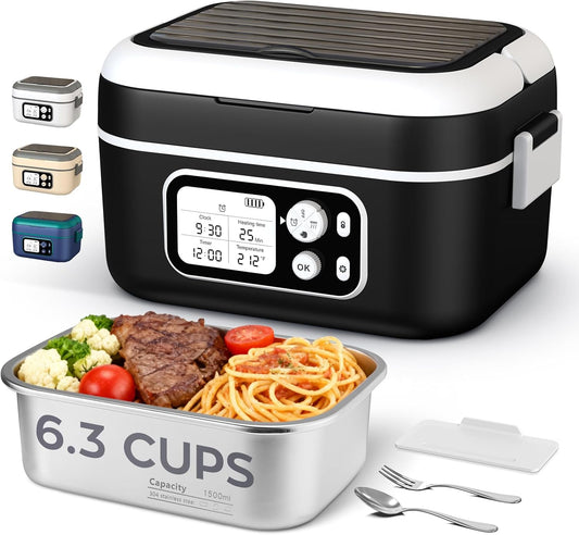 Cordless Heated Lunch Box for Men, 6.3 Cup 100W Electric Lunch Box Food Warmer with 24000mAh Battery for Self Heating, Including Cutlery, Insulated Bag and Divider for Women Adults(Black+White)