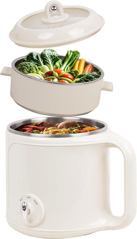 Ksalinameslon Electric Hot Pot with Steamer: 2.0L Ramen Cooker, Multifunctional Stainless Steel Electric Pot, Portable, Dual Power Adjustment for Dorm, Office, Travel