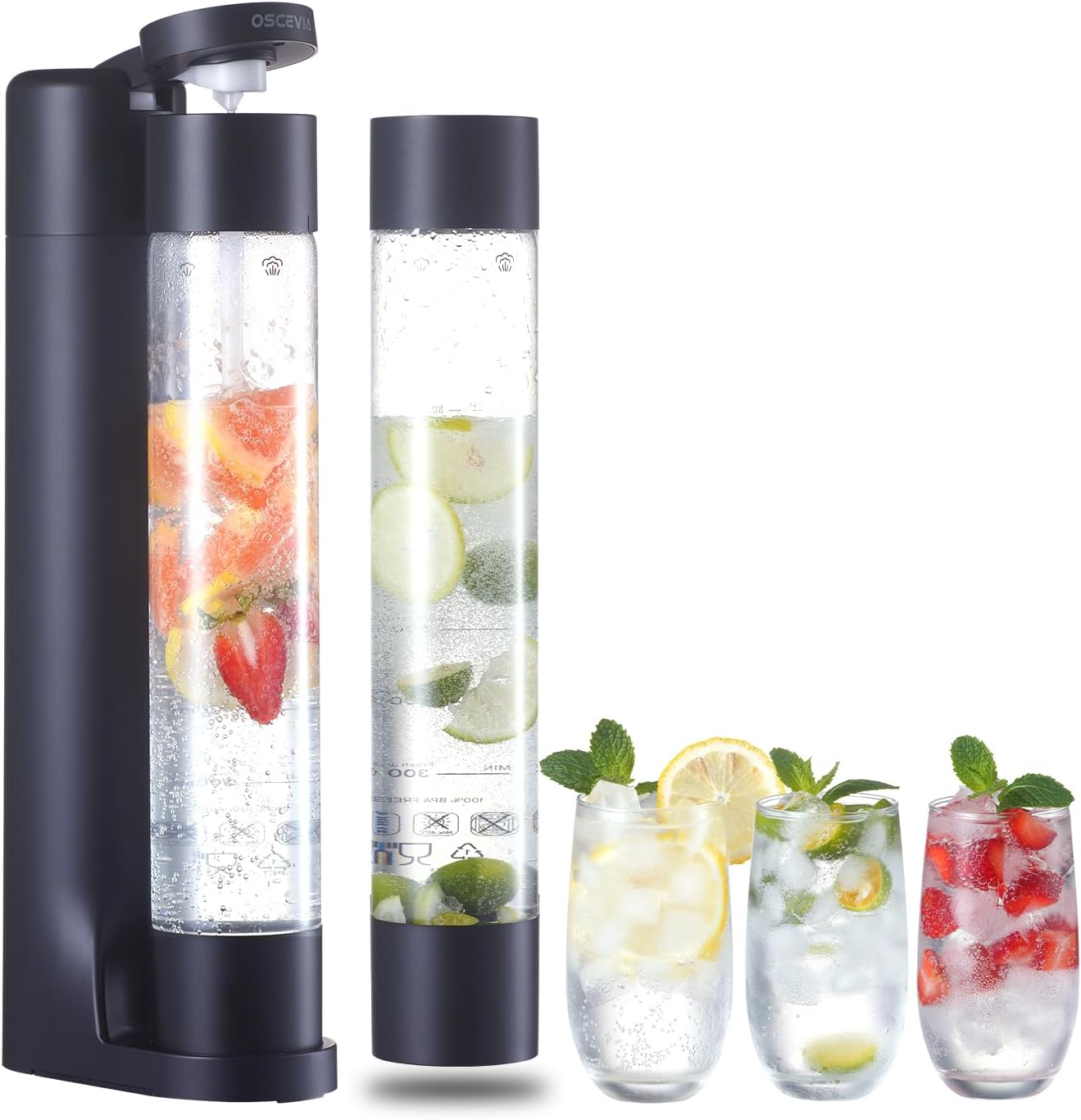 Sparkling Water Machine Soda Maker Beverage Drink Dispenser for Home, Soda Streaming Maker with 2 BPA Free Bottles(1L), Seltzer Fizzy Water Maker Compatible with Screw-in 60L CO2 (NOT Included), Black