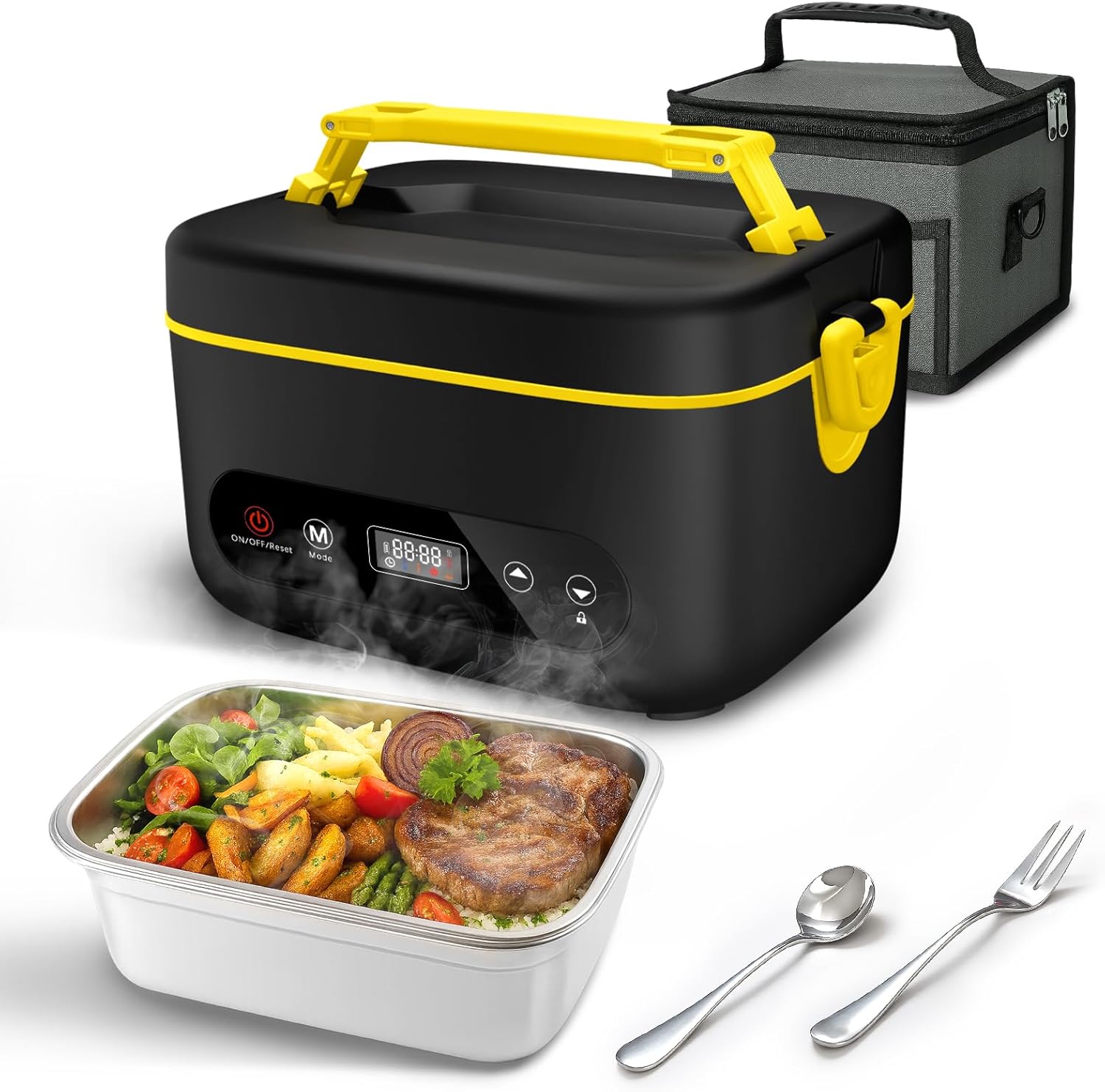 Cordless Electric Lunch Box,24000mAh Heated Lunch Box Battery Powered with Automatic Heating, 5Cups Portable Food Warmer,Multi-Mode Automatic Heating with an Insulated Bag and Utensils (Black)