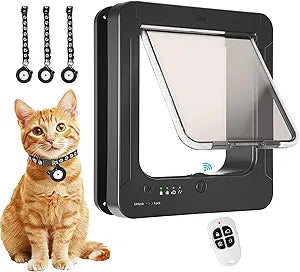 Smart Cat Door for Interior & Exterior, Cat Pet Door with 3 Collar Sensor Keys & 1 Remote Control & 4 Way Locking Cat Flap with RFID Collar Activated Opening