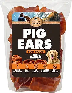BRUTUS & BARNABY Whole Pig Ears for Dogs, 100 Ct. â€“ All-Natural Single Ingredient Dog Chews, Slow Cooked & Fully Digestible Rawhide Alternative