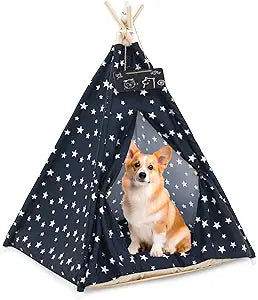 Pet Teepee Tent for Dogs & Cats, 24 Inch & 43 Inch Portable Indoor Dog House with Thick Cushion, Cat Teepee Washable Tent Dog Teepee Bed Indoor (43 Inch, Navy Blue Stars)
