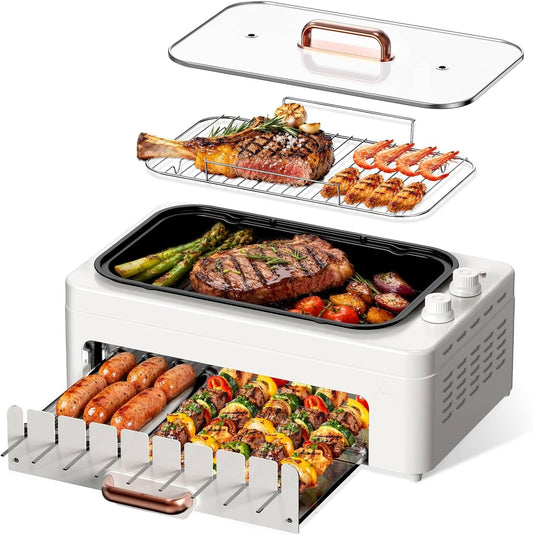 4-in-1 Electric Indoor Grill Smokeless for Home,Countertop Electric Grill with Removable Sizzling Grill Pan & Grate + Auto Rotating Kabob Skewers + Electric Hot Dog Roller Dual Zone Cook with Lid