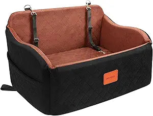 Dog Car Seat for Medium/Large Dogs, Memory Foam Pet Booster Seat for Under 55 lbs or 2 Small Dogs, Detachable Dog Car Bed for Backseat with 2 Safety Leashes and Pockets(Black/Brown, Large)