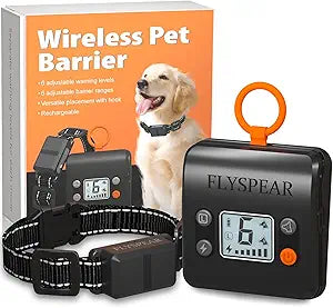 FLYSPEAR Wireless Pet Barrier - Rechargeable Indoor Barrier with 6 Adjustable Range Radius up to 7 ft, 6 Adjustable Safe Static Intensity, Electric Fence for Dogs with Hook (Wireless Barrier Kit)