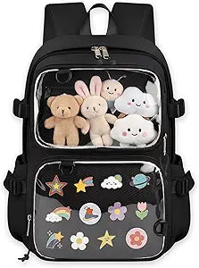 Ita Bag Pin Display Backpack with Insert Kawaii Backpack with Double Display Window Work Backpack with Laptop Sleeve for Cosplay College Travel, Black