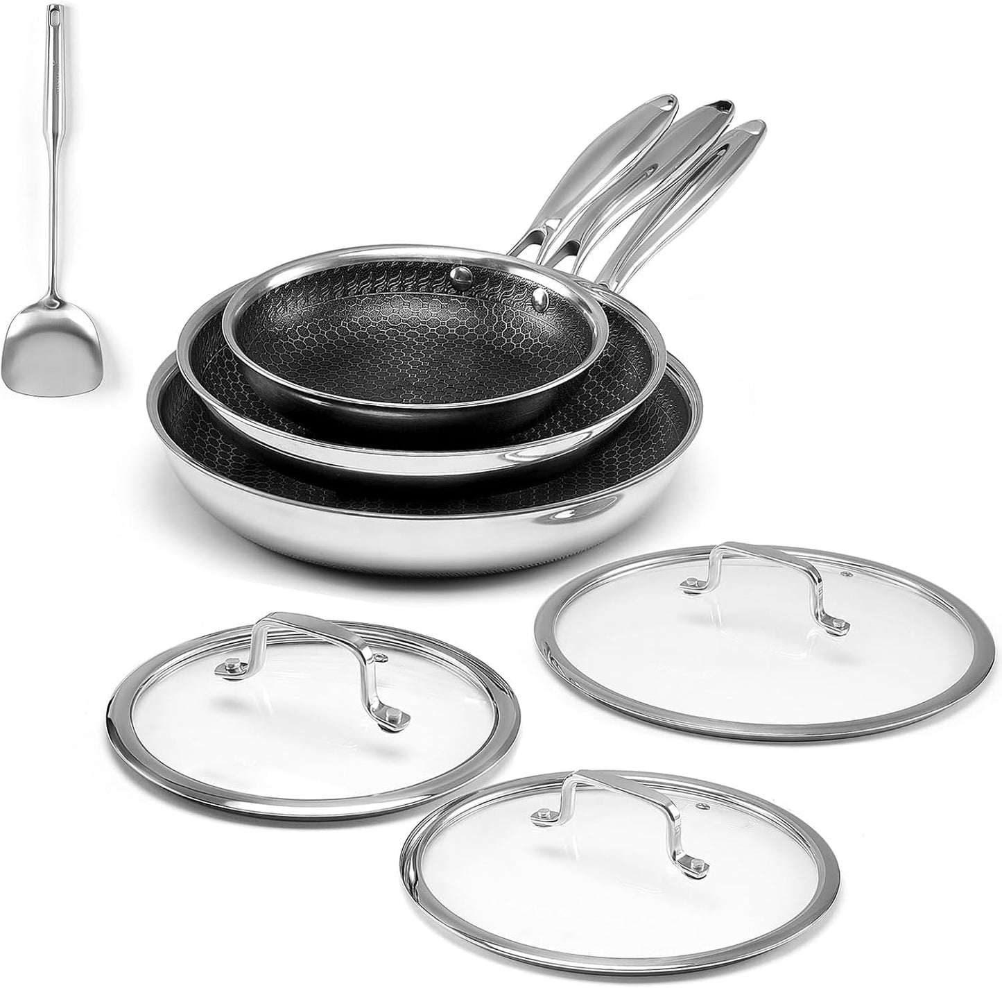 Non Stick Frying Pan Set, 8, 10 and 12-Inch Hybrid Non Toxic Fry Skillet with Lids, Dishwasher and Oven Safe, Induction Ready, Silver Kitchen Cookware set (7-Piece Pan Set)