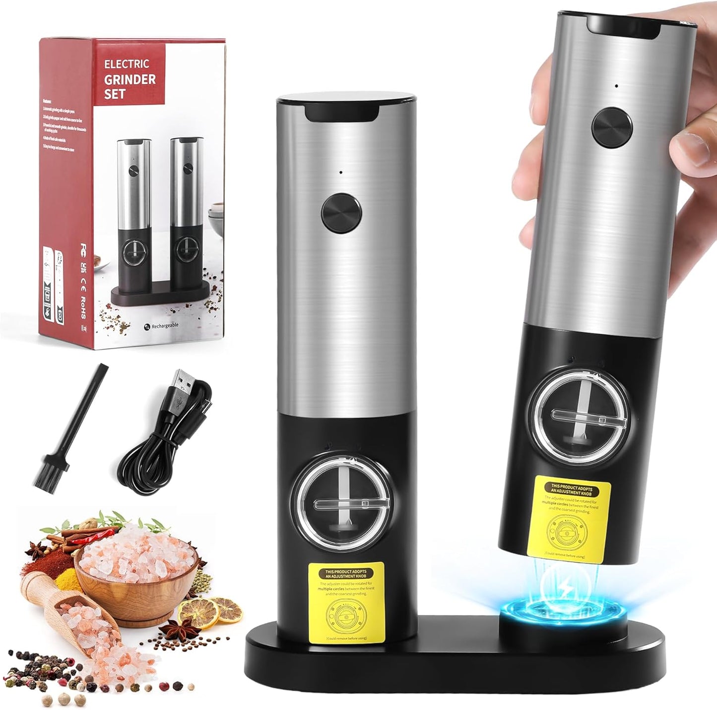 KOMOREBI Rechargeable Electric Salt and Pepper Grinder Set - Automatic Mill with Adjustable Coarseness, LED Light, Salt and Pepper Shakers,Home Kitchen Gifts