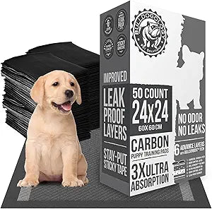 Bulldoglogy 50-Count Carbon Black Dog Pads Puppy Training Pads with Adhesive Tape 24x24 - Large Charcoal Puppy Pads Dog Training Wee Pads, Odor Control Thick Pee Pads for Dogs Extra Quick Dry