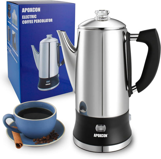 APOXCON Electric Coffee Percolator Stainless Steel Coffee Maker with Clear Brew Progress Tough Glass Knob and On\/OFF Switch Classic Coffee Pot with Keep Warm & Cordless Serve No Aluminum (12 Cup)