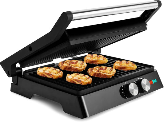 SUSTEAS 2in1 Panini Press Sandwich Maker and 304 Stainless Steel Electric Indoor Grill with Temperature Time Setting, Easy Clean Nonstick Grids, Opens 180°\/105° to Fit Any Type or Size of Food,1400W