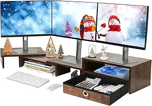 Monitor Riser for 3 Monitors, Dual Monitor Stand for Desk, Triple Monitor Stand with Drawer, Dual Monitor Stand with Storage, Extra Long Triple Monitor Riser up to 52", Angle Adjustable