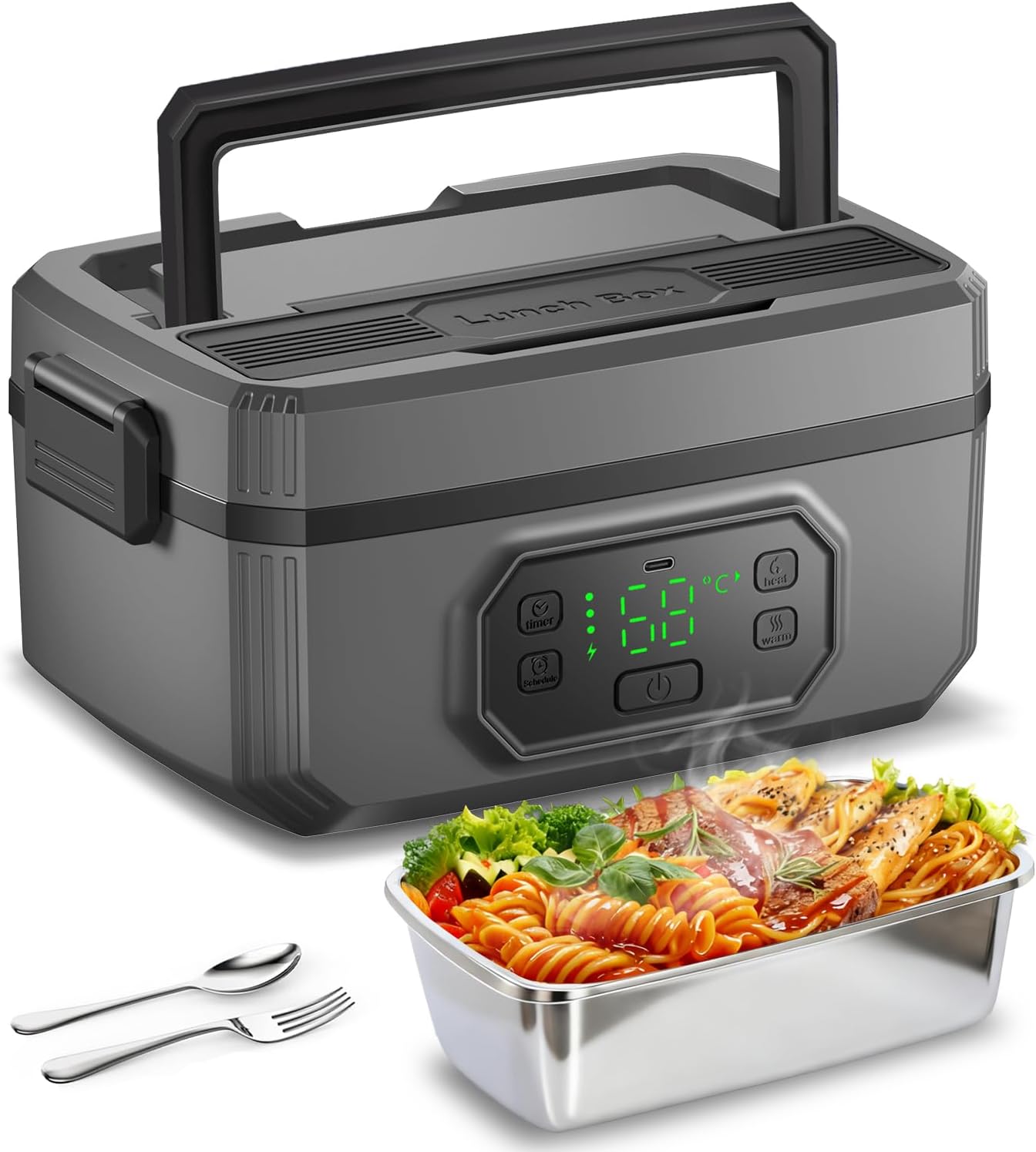Cordless Electric Lunch Box - 1.2L Self-Heating Food Warmer with 21000mAh Battery, 8-Timer & 5-Temp Settings, Leakproof 304 Stainless Steel Container, No Water Needed for Office\/Travel\/Camping
