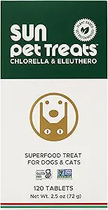 Sun Chlorella Sun Pet Treats Green Superfood Cat & Dog Supplement - Chlorophyll Eleuthero & Lecithin, Minerals, Antioxidants & Vitamins for Dogs & Cats - Immune Defense, Skin & Gut Health - 120 Bites