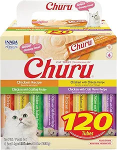 INABA Churu Cat Treats, Lickable, Squeezable Creamy PurÃ©e with Vitamin E, 0.5 Ounces per Tube, 120 Tubes Total, Chicken Variety
