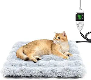 Cat Heating Pad, Pet Heating Pad with Smart Thermostat, 12 Temp Levels & 0-12H Timer, Plush Fleece Cover with Zipper, Waterproof & Chew Resistant, 18x18in for Cats and Small Dogs
