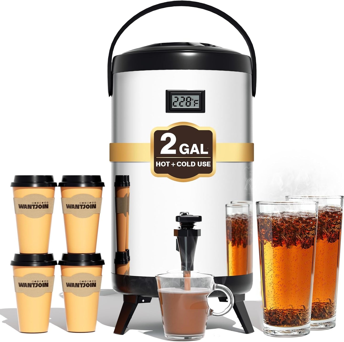 Insulated Beverage Dispenser - 8L\/2.1Gal Silver Stainless Steel, Single, LCD Thermometer, Triple-Layer Insulated, Non-Electric Hot & Cold Drink Dispenser for Coffee, Tea