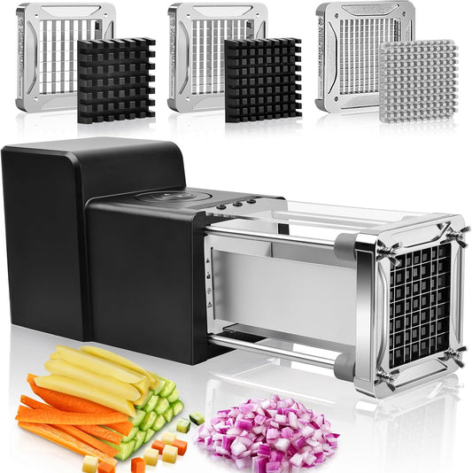 Sopito French Fry Cutter Electric Vegetable Slicer Stainless Steel with 3 Blades 1\/4 3\/8 1\/2 Inch for Potatoes Carrots Onions Apples