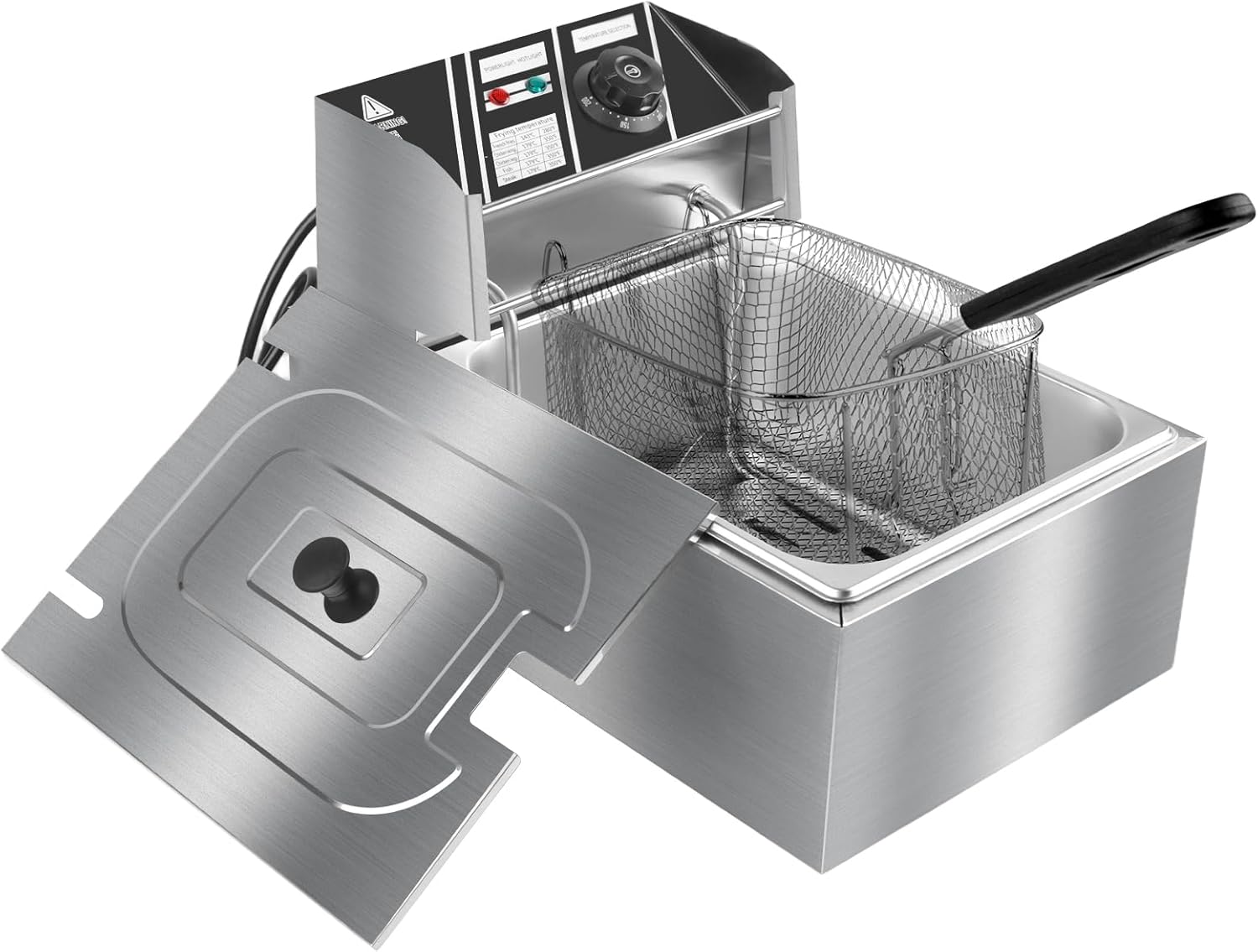10QT Electric Deep Fryer 304 Stainless Steel Single Tank Commercial Fryer with Basket, 2500W 110V Countertop Deep Fryer for Home and Restaurant Use with Lid & Temperature Control