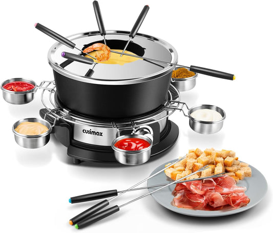 CUSIMAX Electric Fondue Set with 1300W Power Temperature Control for Cheese,Chocolate,Oil and Broth, 2L Non-Stick Electric Fondue Pot with 8 pcs Forks,6 pcs Cups and Removable Anti-Scald Handle