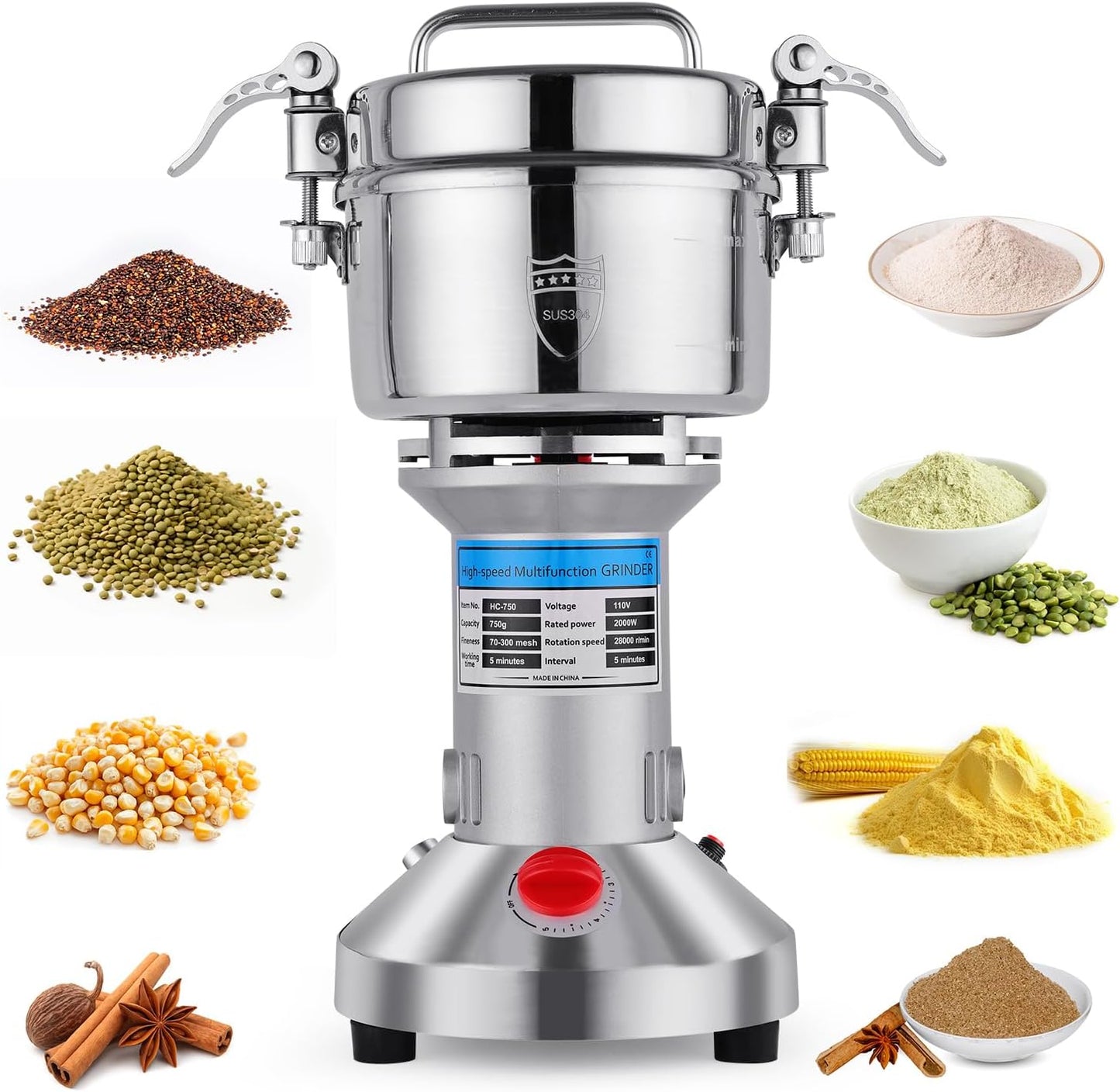 Grain Mill Grinder - 2000W High-Speed 750g 304 Stainless Steel Professional Grain Mill & Spice Grinder for Kitchen and Coffee Shop - Grinds Grains, Coffee, and Dry Spices with Easy Operation