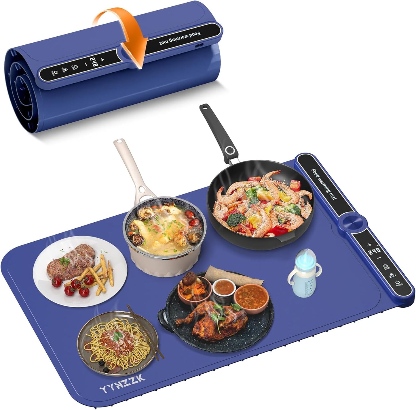 Electric Food Warming Mat, Roll-up Silicone Heating Pad, Fast Full Surface Electric Warming Tray with 9 Level Adjustable Temperature and 6 Hours Timer, for Parties Home Travel Countertop (Blue)