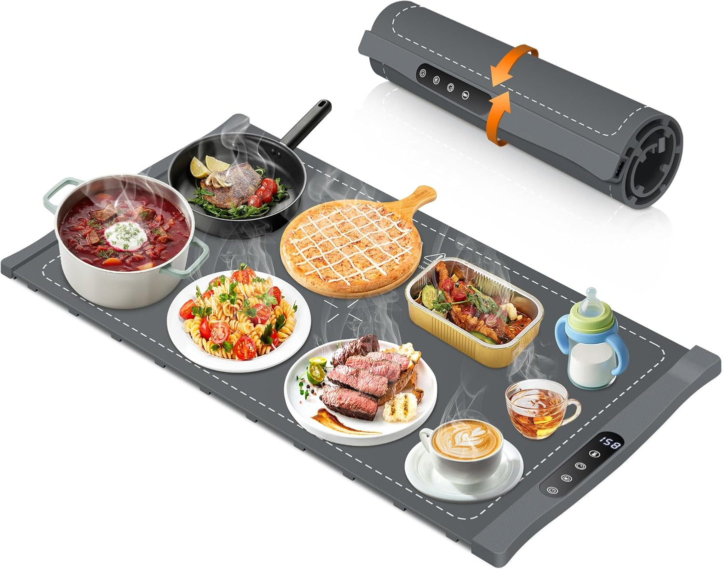 VIPDIGI Food Warming Mat, Large Electric Warming Tray, Silicone Fast Heating Warmer Pad, 6 Temp Adjustable, 6 Timer & Safety Lock, Auto Shut-Off for Countertops Buffets Party Grey