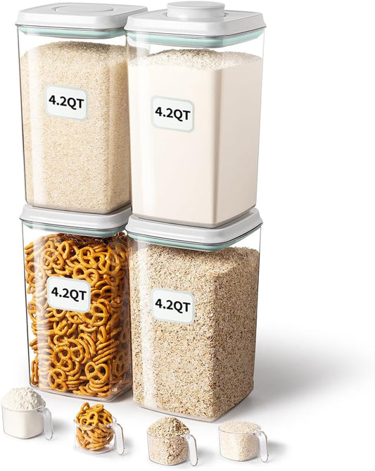 Ankou Airtight Food Storage Container with Pop Lid & 130ml Scoop, 4L\/4.2qt *4 BPA-Free Cereal, Rice, Flour, Pasta & Snack Container, Stackable & Durable,Kitchen Pantry Organizer
