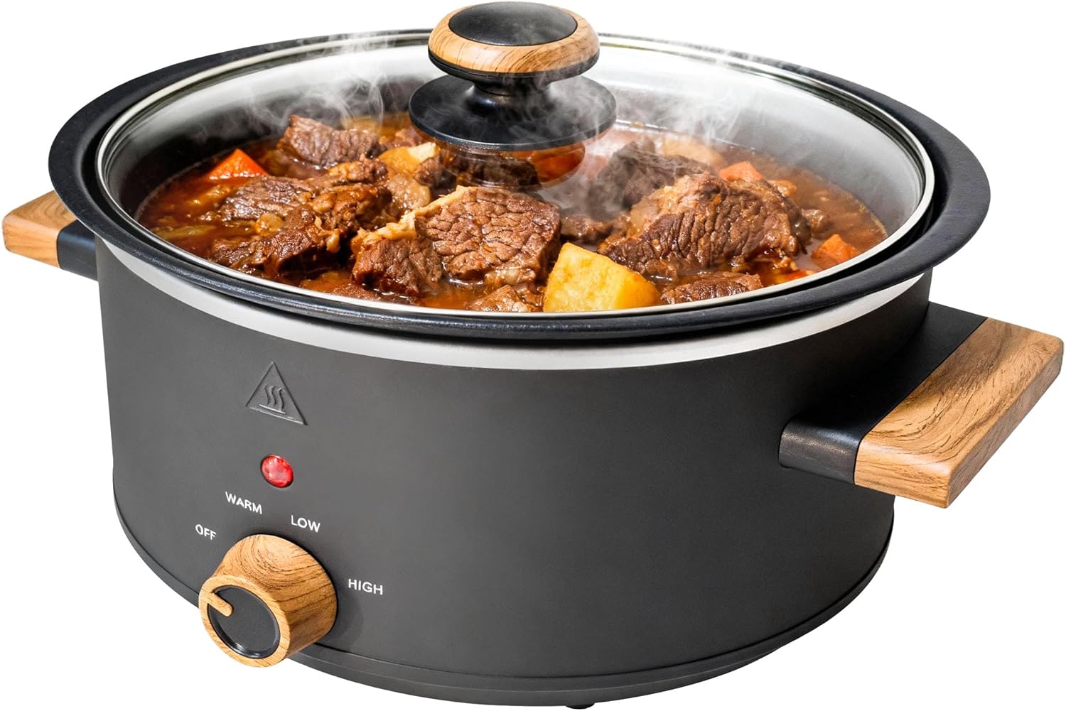 3QT Slow Cooker with Aluminum Inner Pot, 3 Temperature Settings, Dishwasher-Safe Removable Pot & Glass Lid, Wood-Grain Handle Design, Compact Electric Cooker for Home Meals, Black