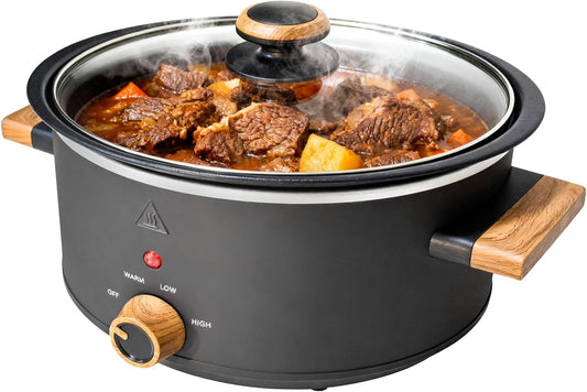 3QT Slow Cooker with Aluminum Inner Pot, 3 Temperature Settings, Dishwasher-Safe Removable Pot & Glass Lid, Wood-Grain Handle Design, Compact Electric Cooker for Home Meals, Black