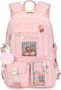 Backpack for Girls with Accessories Laptop Bookbags 16 Inch Kawaii Kids Elementary Middle High School Bag College Travel Daypack Gifts for Teens Women Students (Pink)