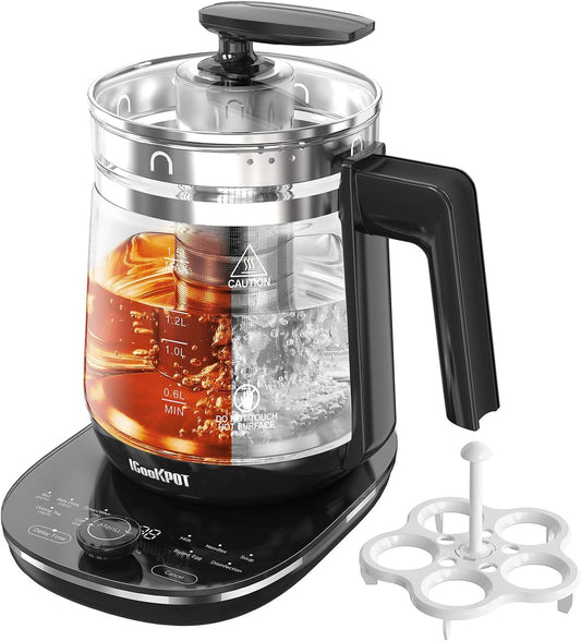 ICOOKPOT Glass Electric Kettle with Tea Infuser \u2013 1.5L Stainless Steel, 1200W Rapid Boil, Temp & Programmable Control for Teas\/Coffee \u2013 Black