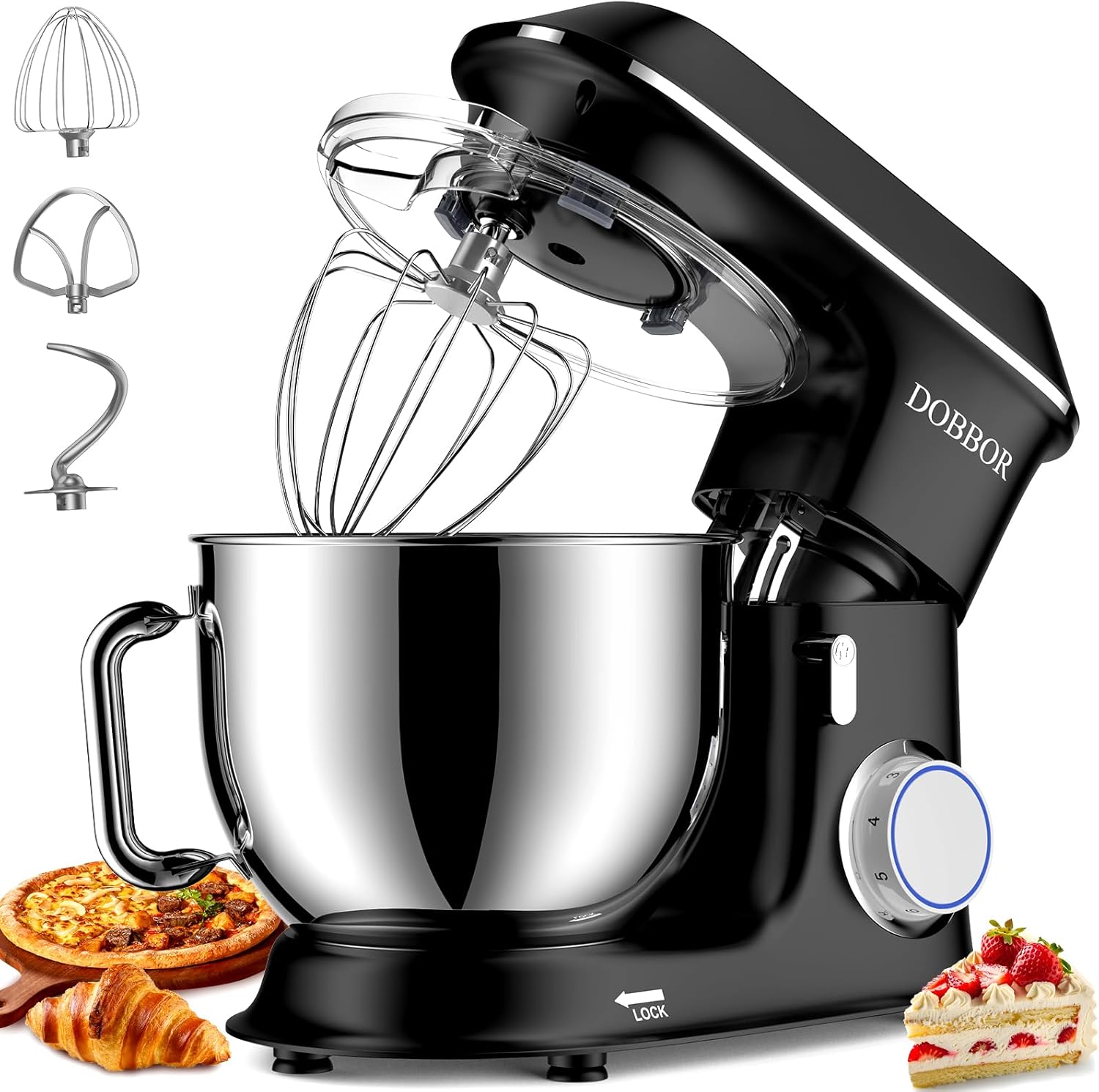 Electric Stand mixer, 9.5QT 660W 6 Speeds Tilt-Head Dough Mixers, Bread Mixer with Dough Hook, Whisk, Beater, Splash Guard for Baking Bread, Cake, Cookie, Pizza, Muffin, Salad and More (Black)