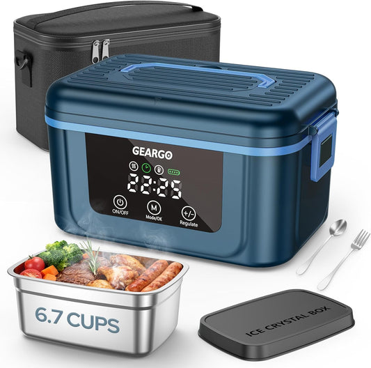GEARGO 𝟐𝟎𝟐𝟔 𝐔𝐩𝐠𝐫𝐚𝐝𝐞𝐝 Cordless Electric Lunch Box, 6.3 Cups & 24000mAh Rechargeable Heated Lunch Box with Ice Crystal Box, 24 Hours Scheduled Self Heating Lunchbox For Men Women