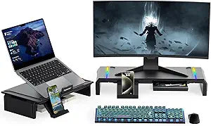 Heymaster Dual Monitor Stand for Desk, Gaming Monitor Riser with RGB Light, Foldable Computer Monitor Stand Riser, Desk Organizers and Accessories for Desktop, Printer (Black)