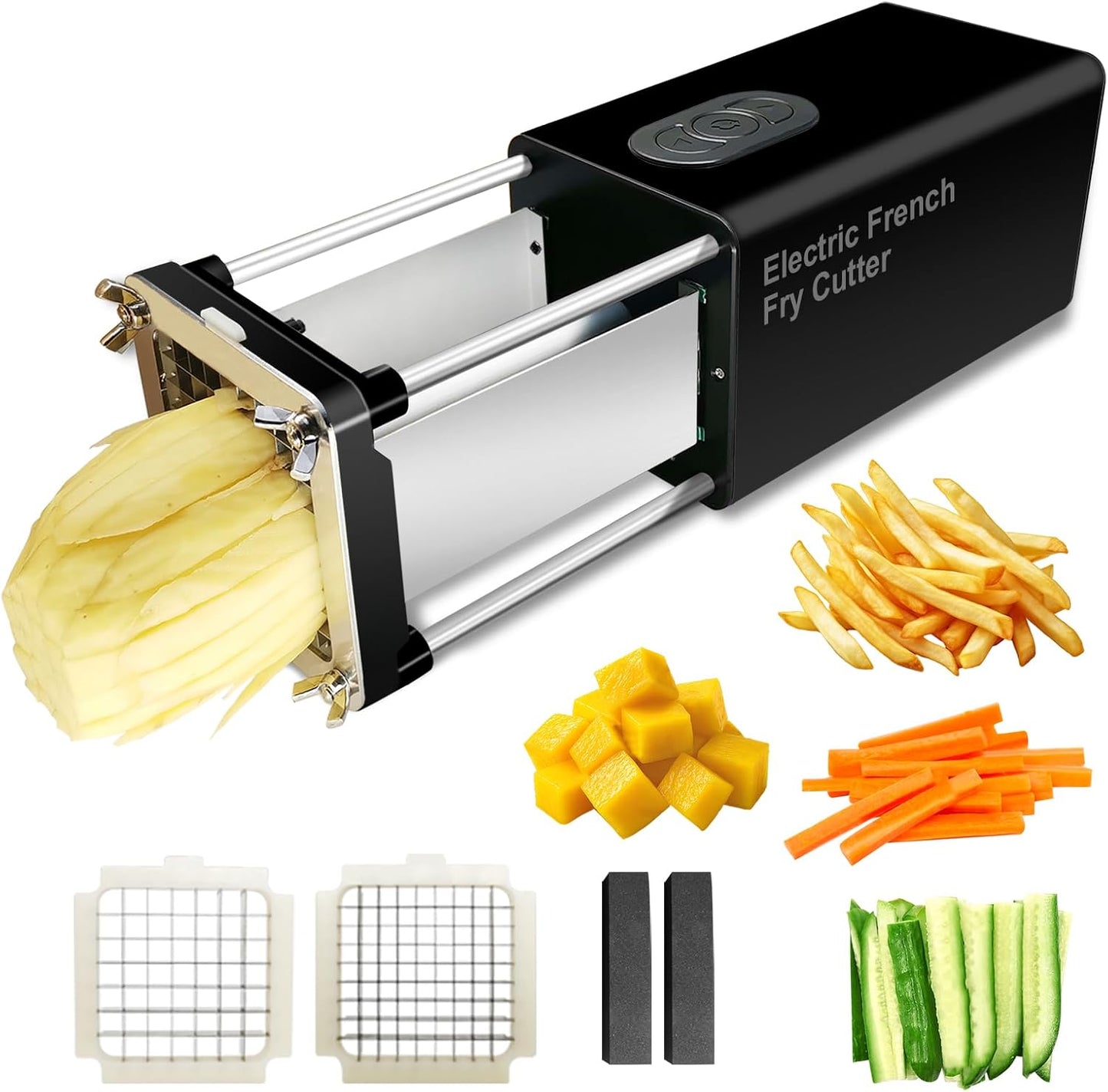 Electric French Fry Cutter, Commercial Automatic French Fry Cutter, Stainless Steel Potato Cutter with 1\/2-Inch & 3\/8-Inch Blade, Electric Potato Cut Machine for Restaurants & Home Kitchen