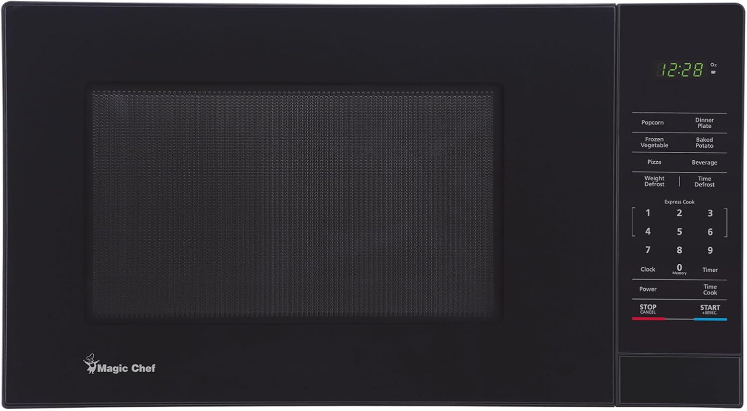 Magic Chef Compact Countertop Microwave Oven, 1000 Watts, Black, 1.1 Cu. Ft. - Digital Kitchen Appliance with One-Touch Cooking, Child Lock, Timer, Reheat, Defrost and 10 Power Levels