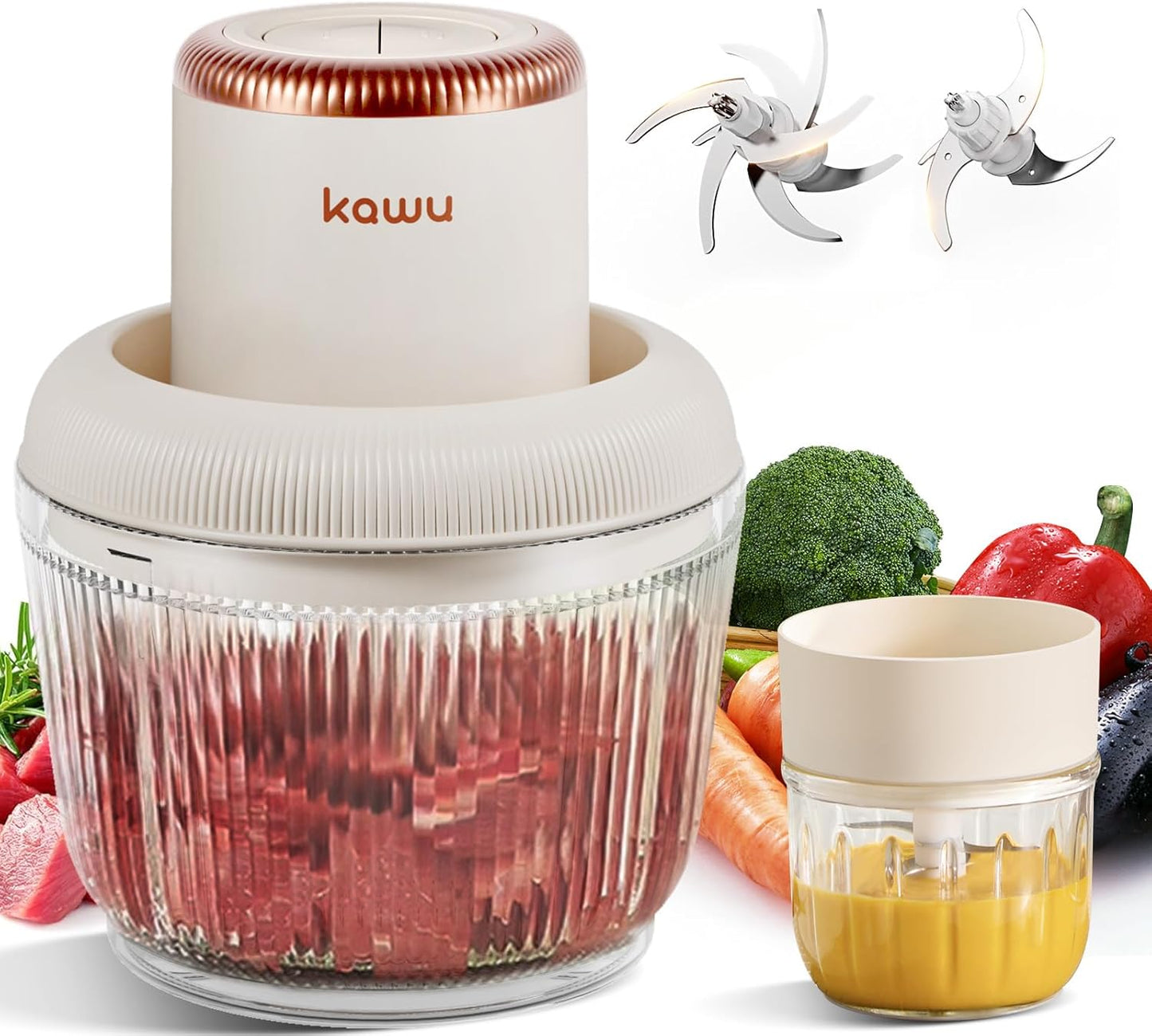 Kawu Electric Food Processor, Electric Meat Grinder & Vegetable Chopper with 2 Bowls, 200W Mini Food Processors with Stainless Steel Blades, Garlic Grinders for Onion, Fruit for Home and Kitchen