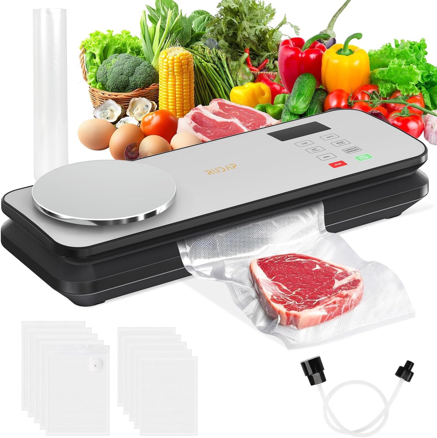 Vacuum Sealer for Food, 90kPA Powerful Food Saver Vacuum Sealer Machine with Digital Kitchen Scale, 12-in-1 Food Vacuum Sealer with Dry & Moist Food Modes, 10 pcs & 1 Roll Vacuum Bags, Starter Kits